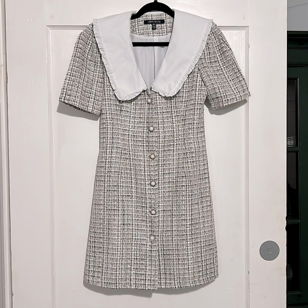 Urban Revivo Black and White Tweed Mini dress with White Collar Size 6